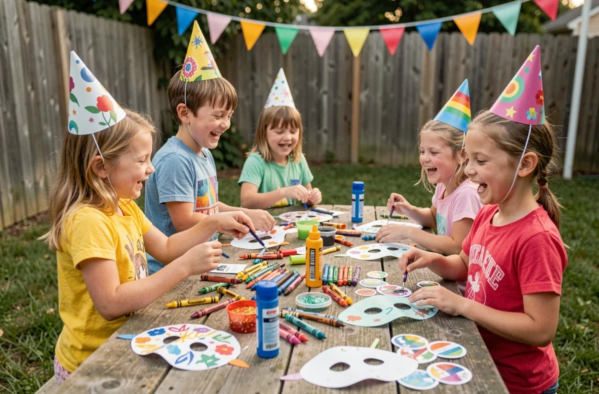 Enfants souriant et faisant des activités créatives lors d'un anniversaire en plein air avec chapeaux de fête et matériel artistique