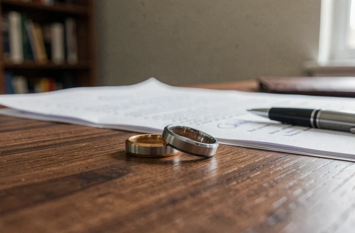 Alliances posées sur un bureau à côté de documents juridiques, symbolisant la fin d'un mariage et les procédures de divorce