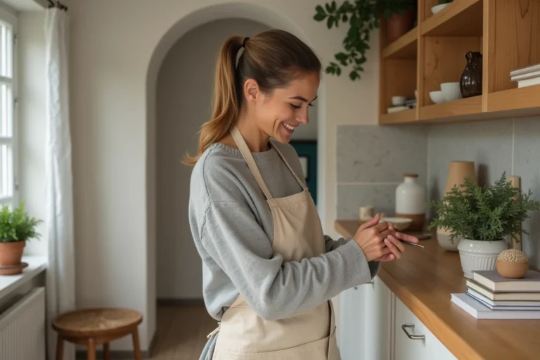 Femme aménageant une étagère en bois dans un salon moderne au style scandinave, avec des objets décoratifs et des plantes