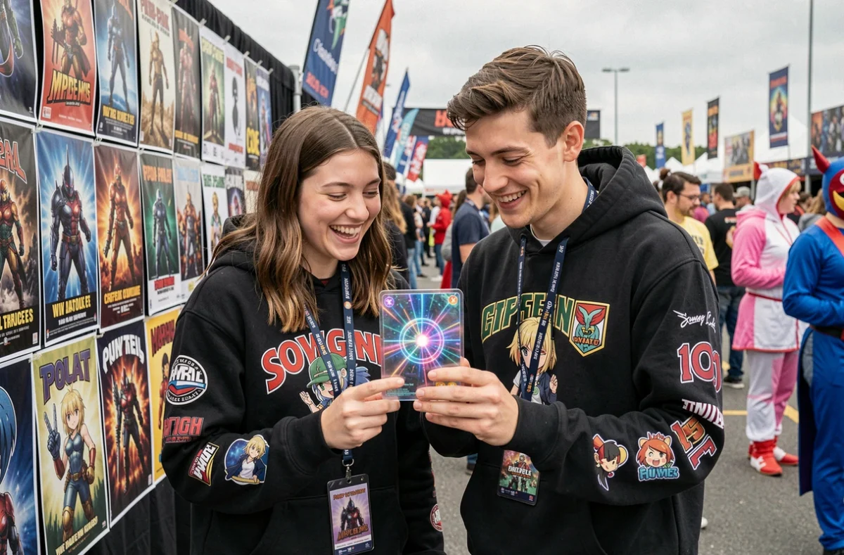 Deux amis en tenue streetwear découvrant des objets de collection lors d'un salon de la pop culture en plein air