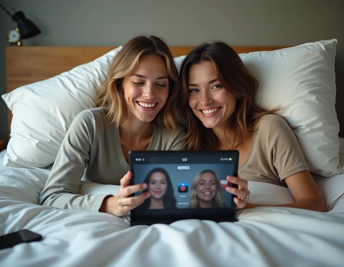 Deux amis regardant une série en streaming sur tablette allongés dans une chambre