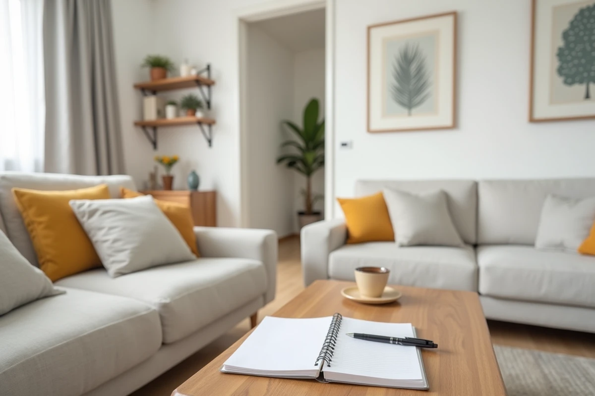 Appartement en location meublée avec carnet de revenus locatifs sur la table basse illustrant le statut LMNP