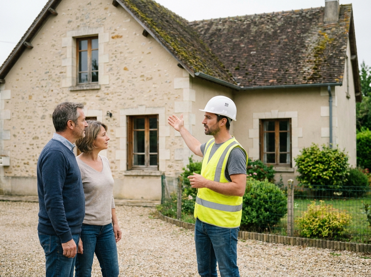Artisan RGE expliquant les travaux d'isolation thermique éligibles à la prime renov à des propriétaires devant leur maison