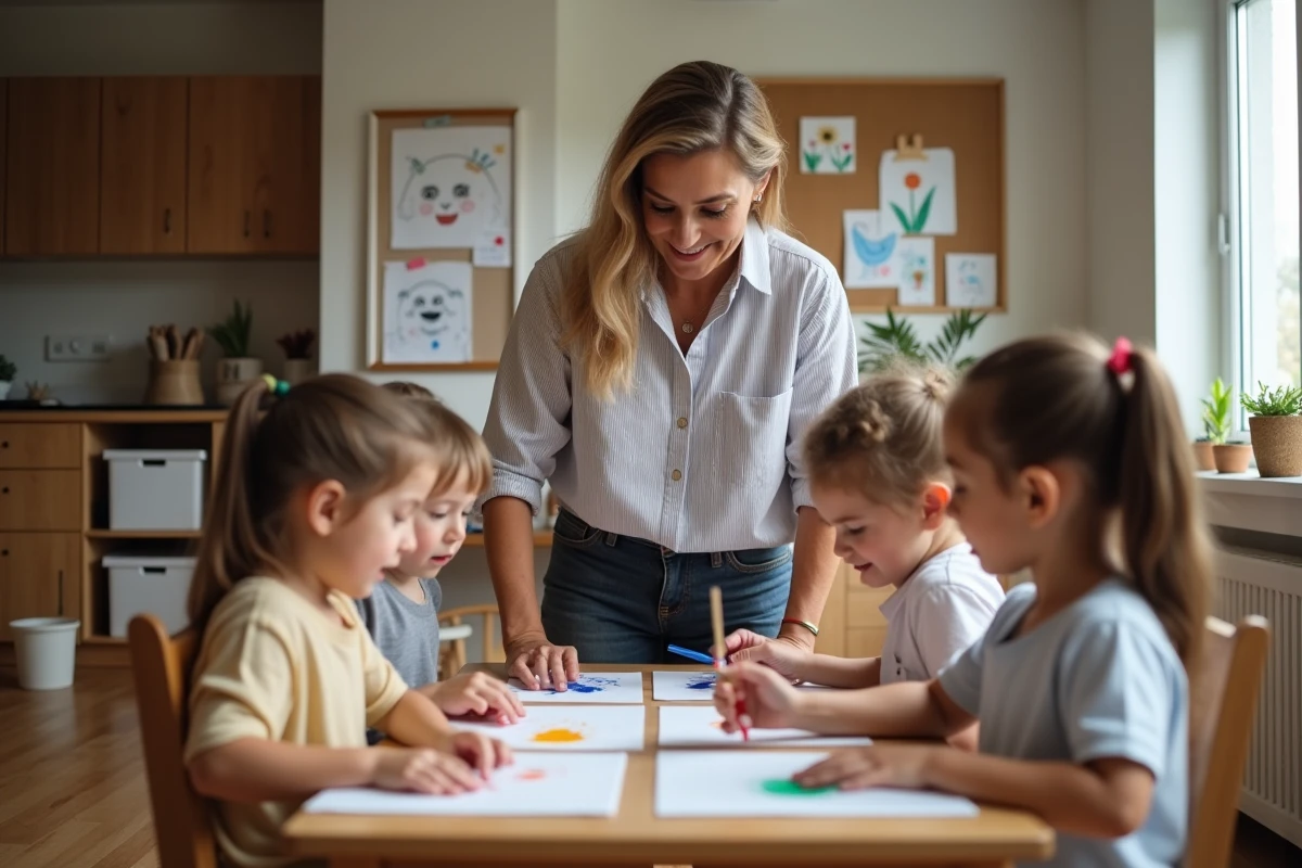 Assistante maternelle surveillant des enfants pendant une activité peinture à domicile
