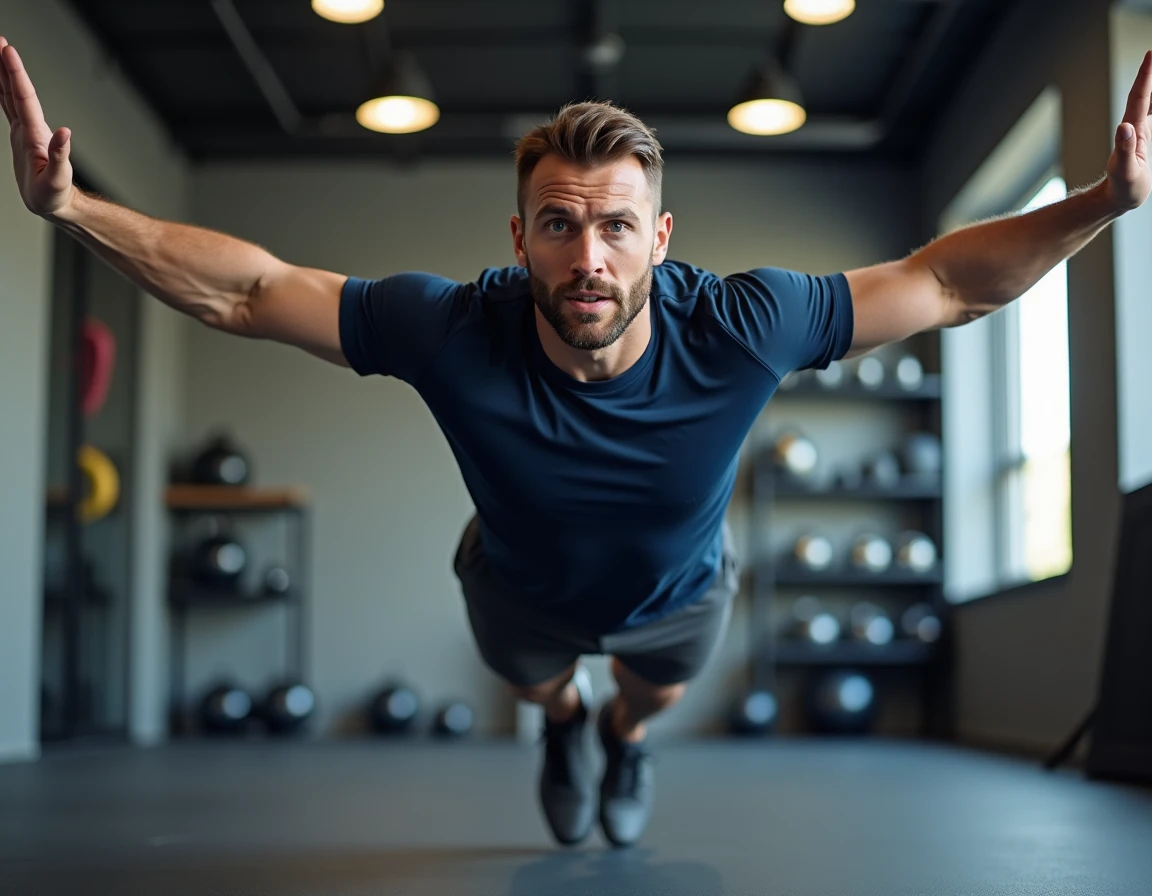 Homme réalisant des burpees dans une salle de sport moderne comme exercice cardio alternatif à la corde à sauter