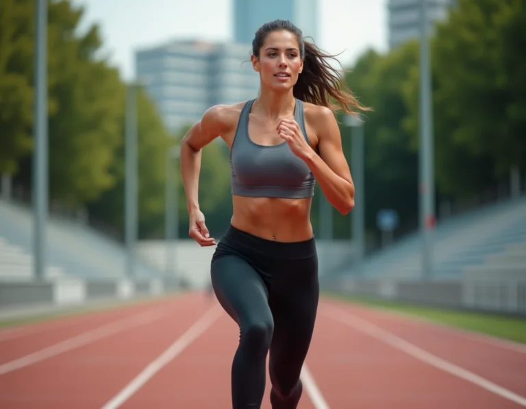 Femme effectuant une course à genoux hauts sur une piste d'athlétisme comme alternative cardio à la corde à sauter