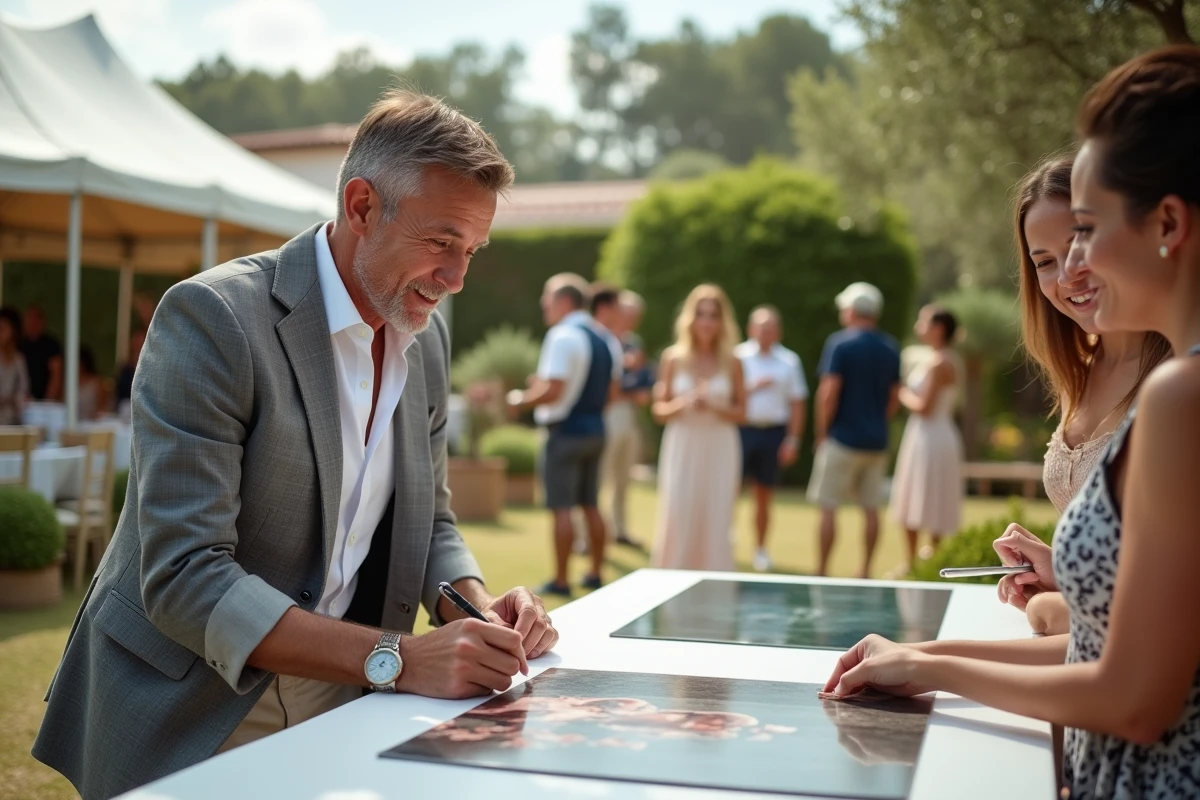 Célébrité signant des autographes lors d'une fête privée dans un jardin luxueux