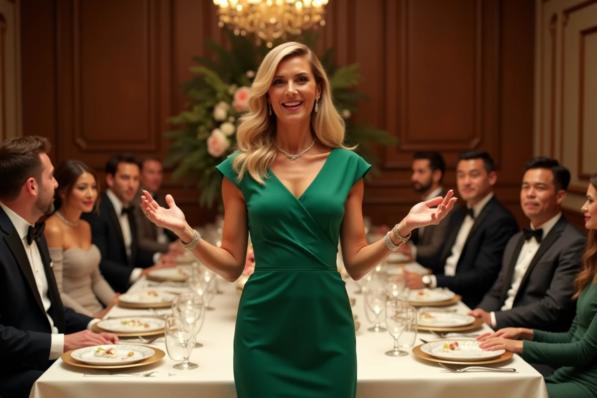 Célébrité prenant la parole lors d'un dîner privé de luxe dans une demeure haut de gamme