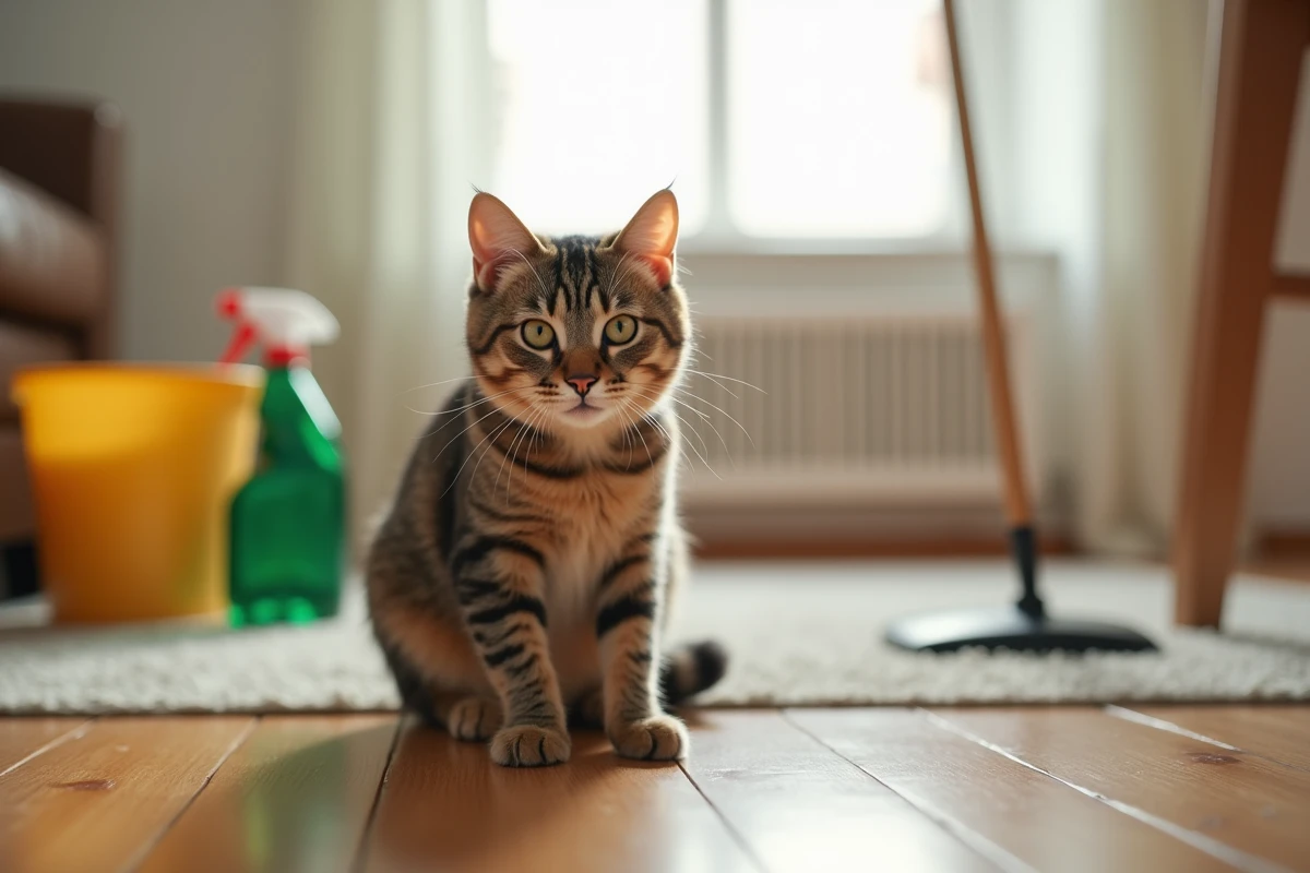 Chat tigré hésitant devant un sol fraîchement nettoyé avec un produit désinfectant ménager dans un salon