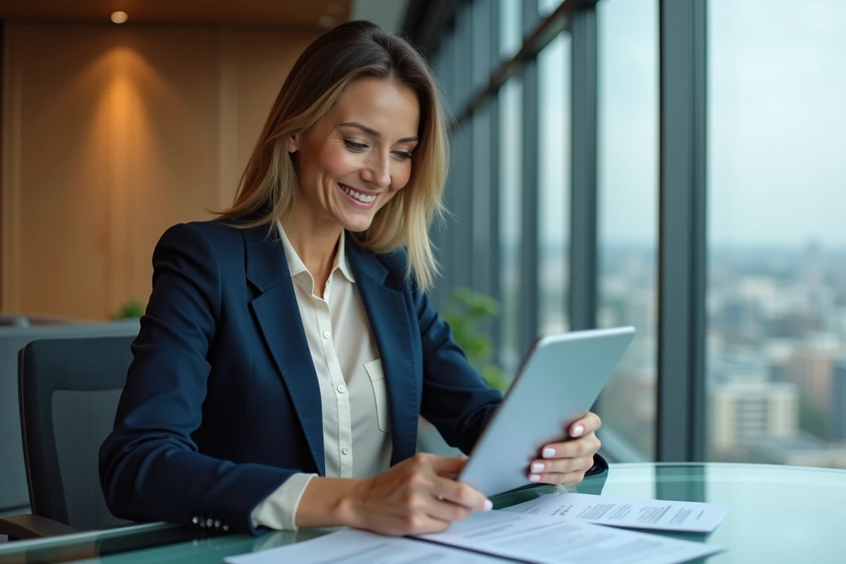 Conseillère bancaire professionnelle analysant des documents financiers sur tablette dans un bureau moderne de gestion de patrimoine