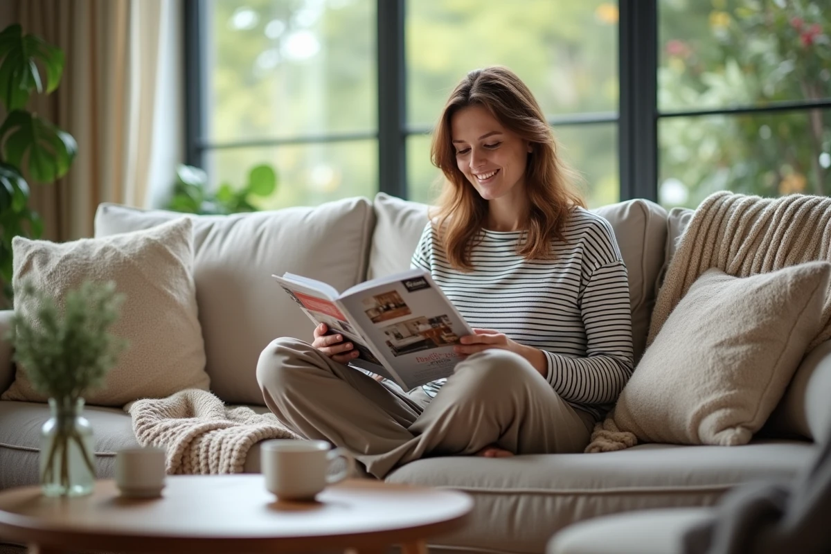 Femme détendue lisant un magazine de décoration intérieure assise sur un canapé confortable dans un salon chaleureux