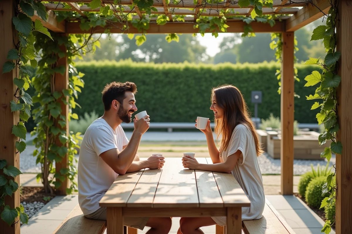Jeune couple partage un repas dans un jardin ombrage