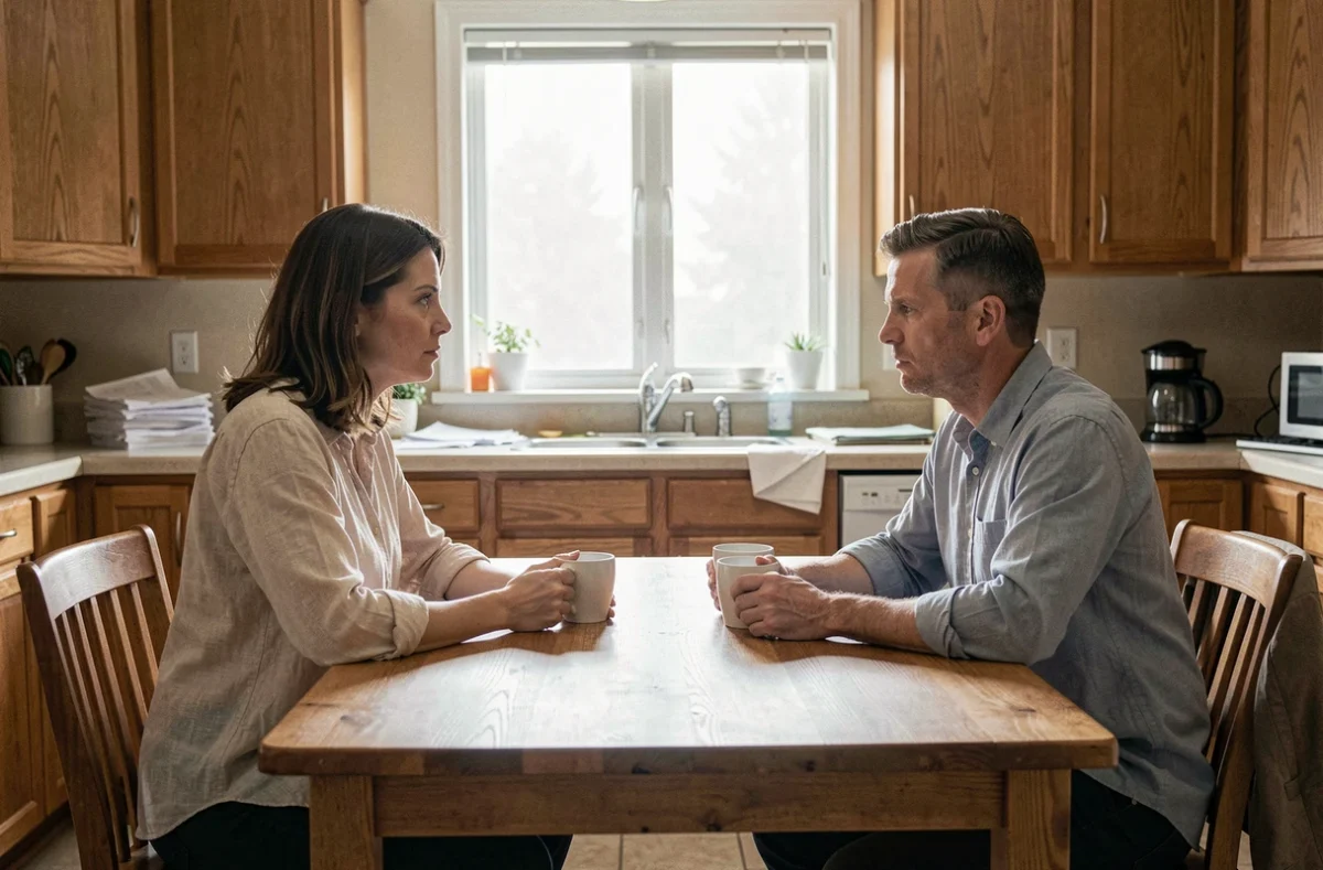 Couple en tension assis à une table de cuisine, symbolisant une relation conjugale difficile et les raisons d'un divorce