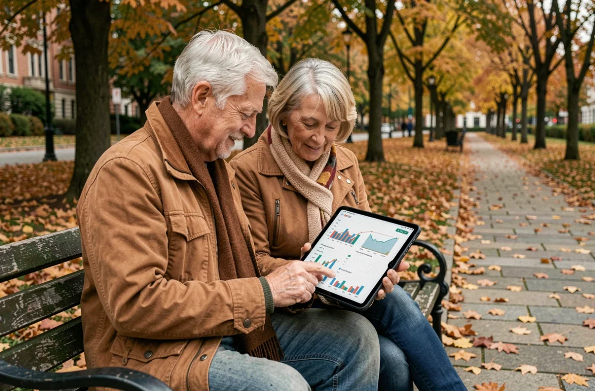 Couple de retraités consultant un plan d'épargne retraite sur une tablette dans un parc en automne