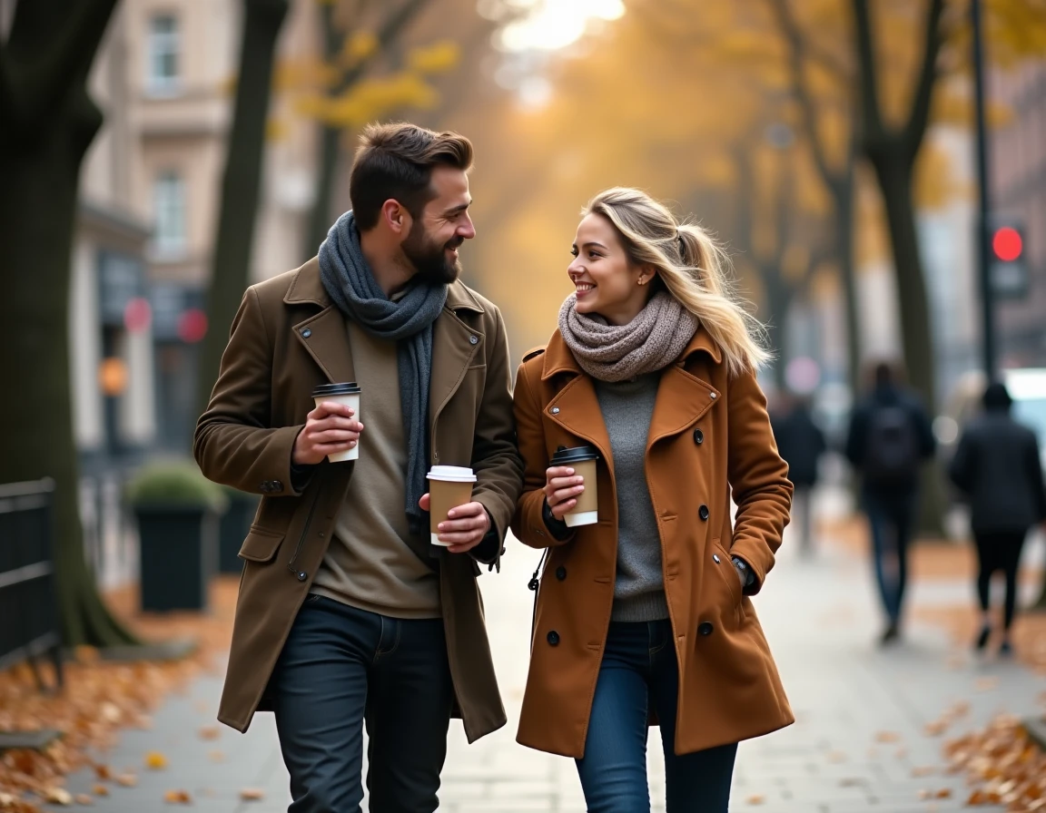 Couple marchant dans une rue parisienne en automne, l'homme murmurant tendrement à l'oreille de la femme qui sourit