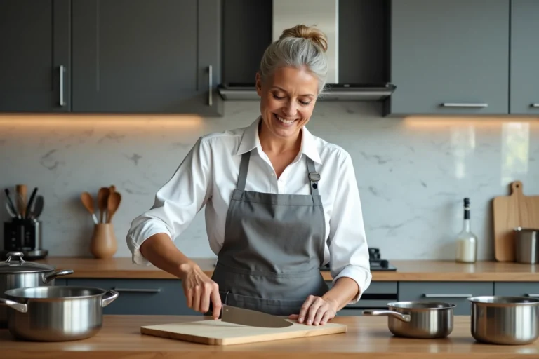 Femme en cuisine moderne organisant ses ustensiles