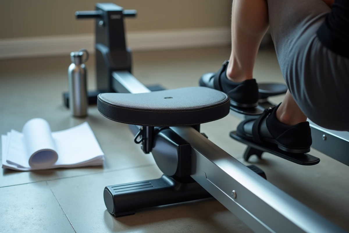 Gros plan sur les détails techniques du rameur Striale, mécanisme de résistance, siège ergonomique et repose-pieds