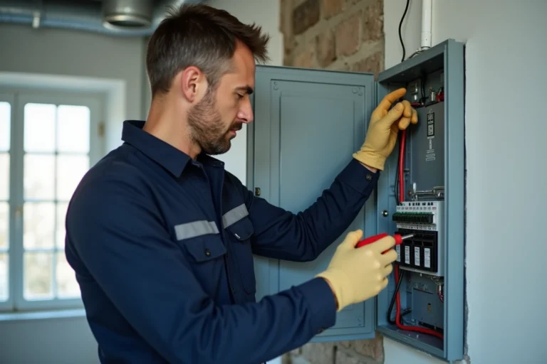 Électricien professionnel examinant un tableau électrique dans un appartement pour remettre le courant après une coupure EDF