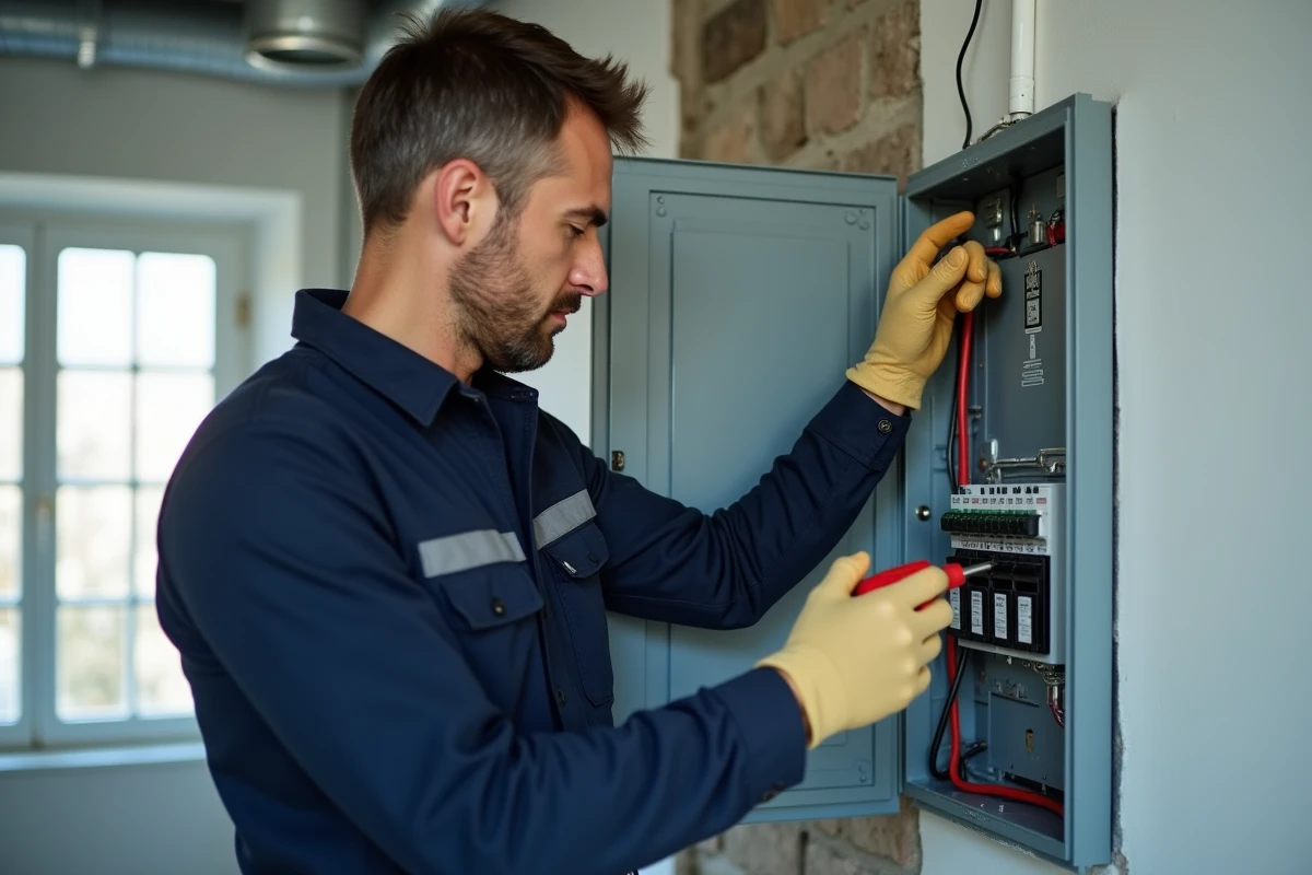 Électricien professionnel examinant un tableau électrique dans un appartement pour remettre le courant après une coupure EDF