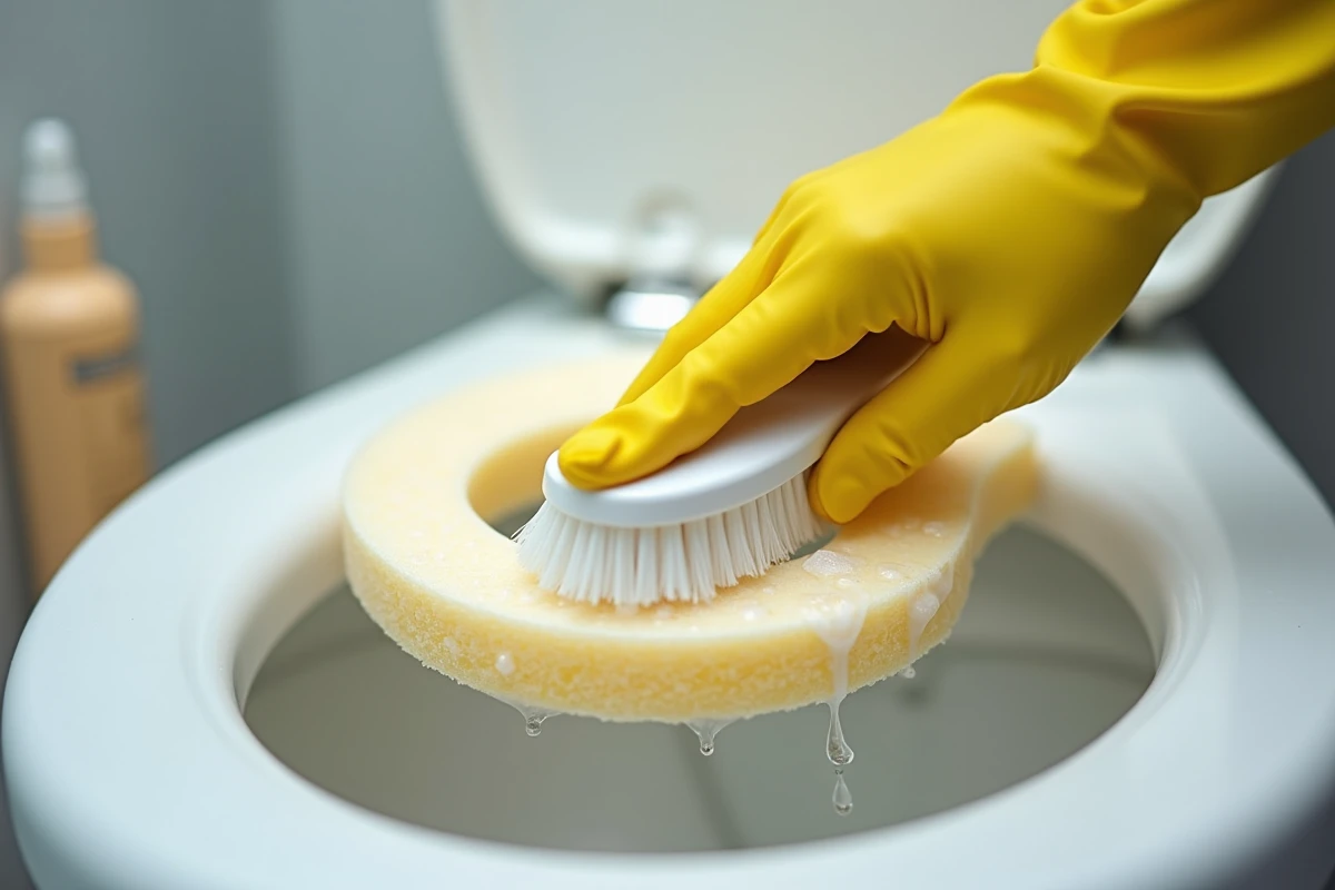 Gros plan sur le nettoyage d'un rehausseur WC en mousse avec une brosse douce et des gants en caoutchouc jaunes