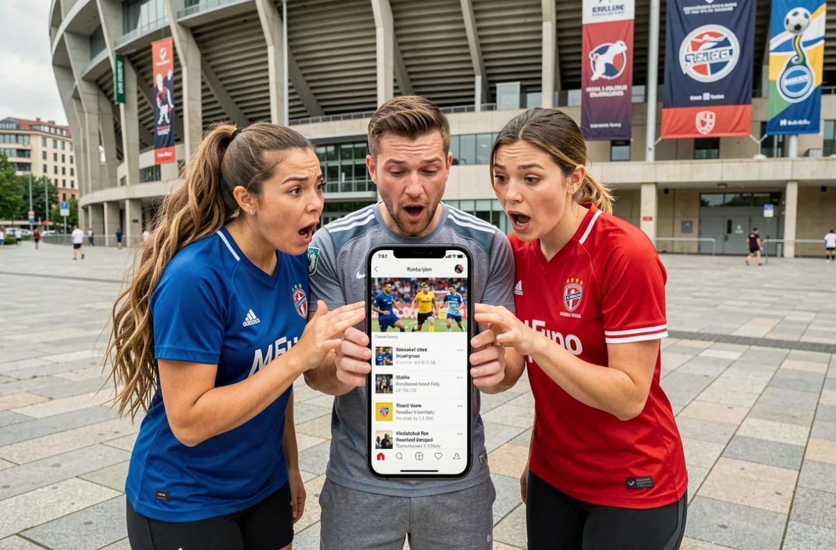 Groupe de fans de sport consultant les dernières actualités sportives sur smartphone devant un stade