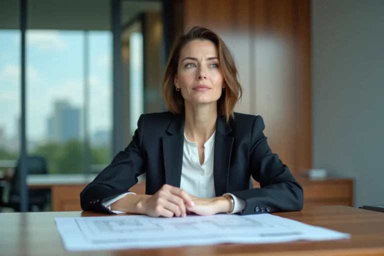 Femme d'affaires confiante examine des plans immobiliers