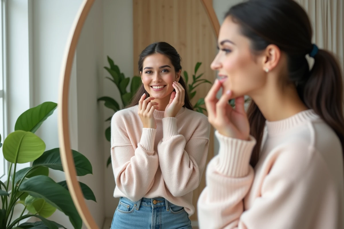 Femme appliquant un maquillage naturel dans un intérieur moderne