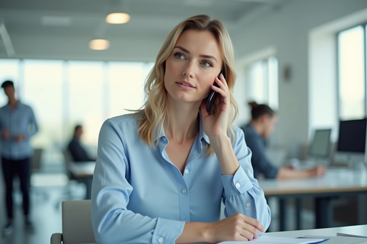 Femme au bureau consultant son smartphone pour vérifier le tarif d'un numéro 0891 surtaxé