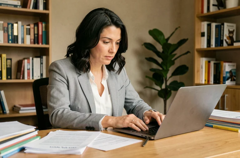 Femme comparant des offres de crédit sur ordinateur portable dans un bureau à domicile moderne
