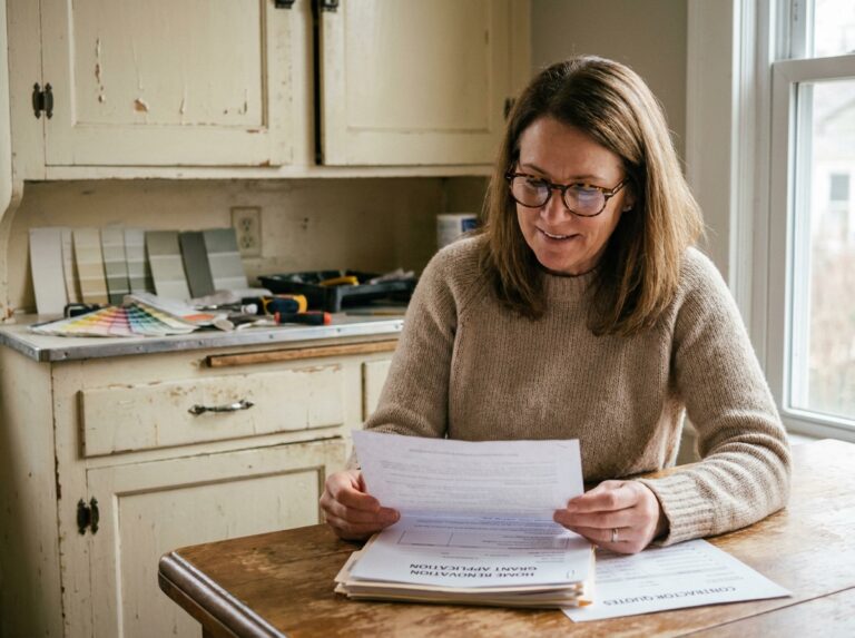 Femme consultant des documents de prime renov à sa table de cuisine pour planifier ses travaux de rénovation