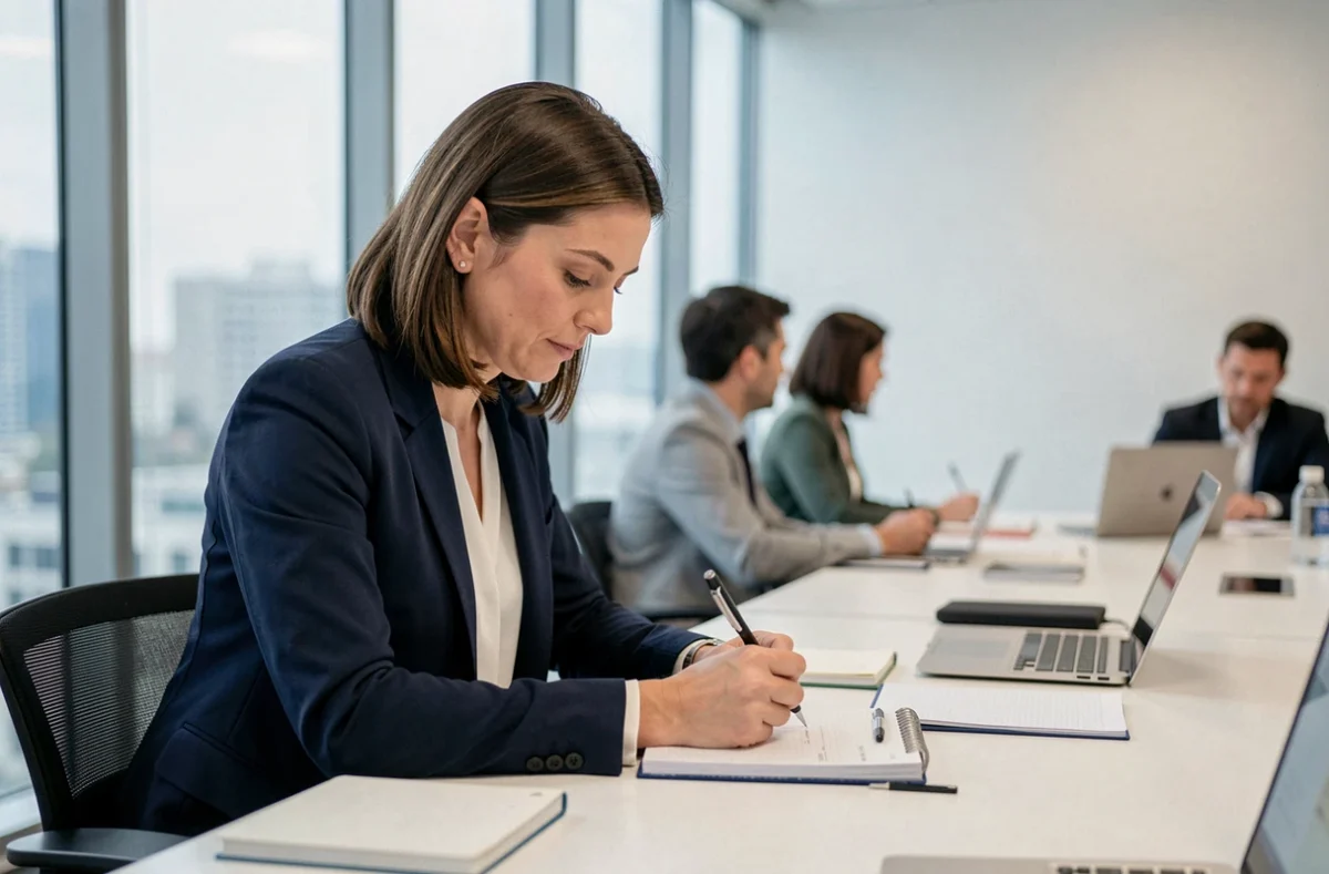 Femme professionnelle en formation en entreprise, prenant des notes dans une salle de conférence moderne