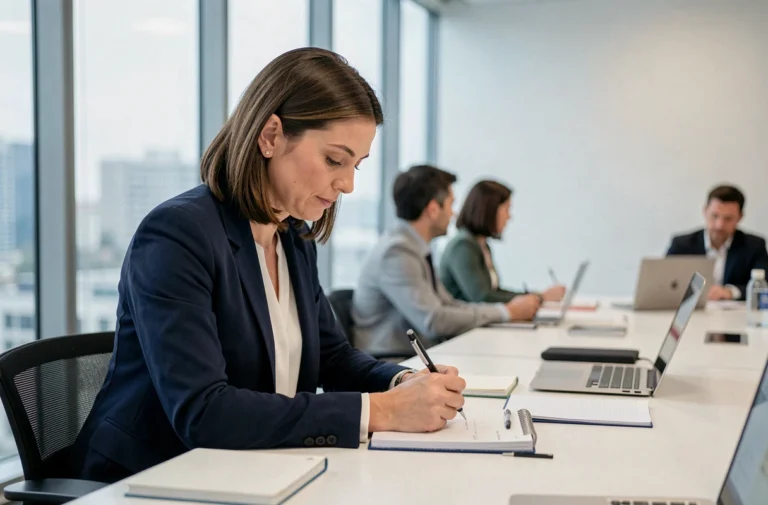 Femme professionnelle en formation en entreprise, prenant des notes dans une salle de conférence moderne