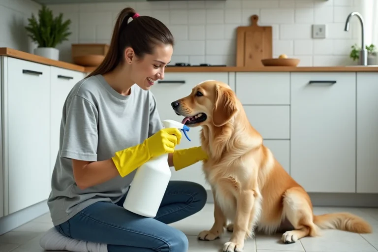 Femme avec des gants en caoutchouc lisant l'étiquette d'un désinfectant Sanytol à côté de son chien golden retriever dans une cuisine propre