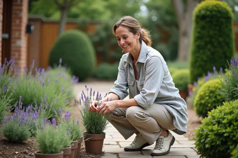 Femme en jardinage avec lavande et romarin dans un jardin