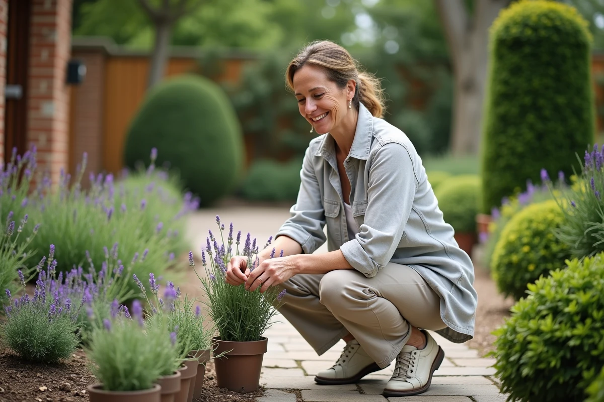 Femme en jardinage avec lavande et romarin dans un jardin