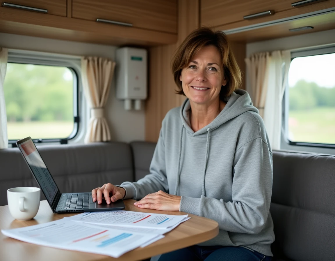 Femme consultant la liste des codes erreur Truma dans une caravane en camping