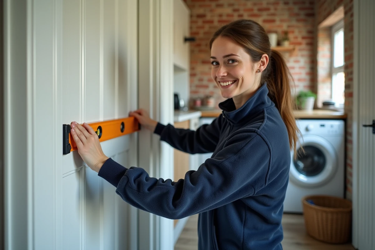 Femme utilisant un niveau pour vérifier l