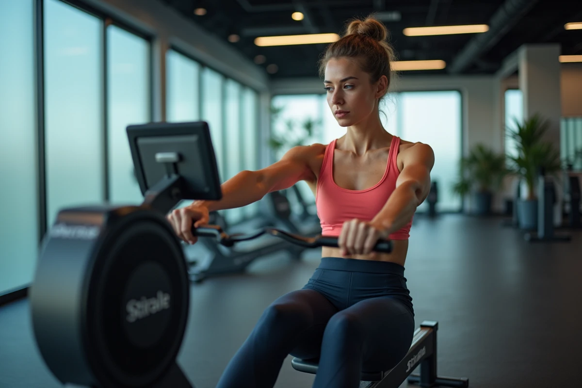 Femme examinant l'écran numérique d'un rameur Striale dans un studio de fitness professionnel, position de départ
