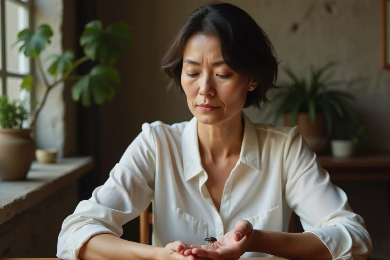 Femme méditative tenant une mouche sur la main