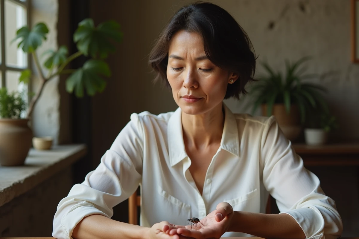 Femme méditative tenant une mouche sur la main