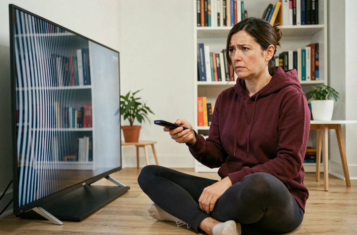 Femme assise devant une TV Samsung avec une image décalée cherchant à résoudre le problème