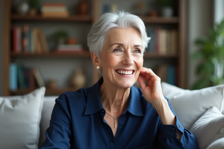 Femme senior souriante avec coupe pixie argentée élégante