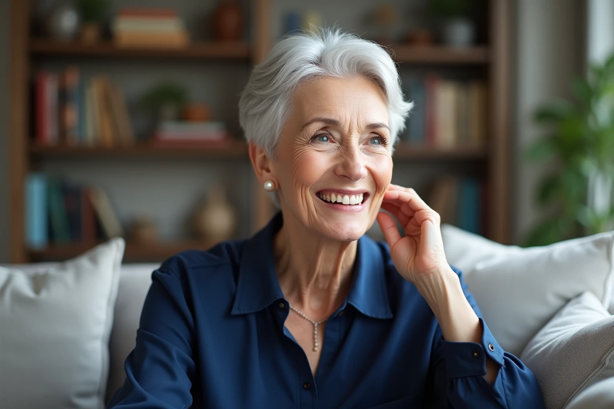 Femme senior souriante avec coupe pixie argentée élégante