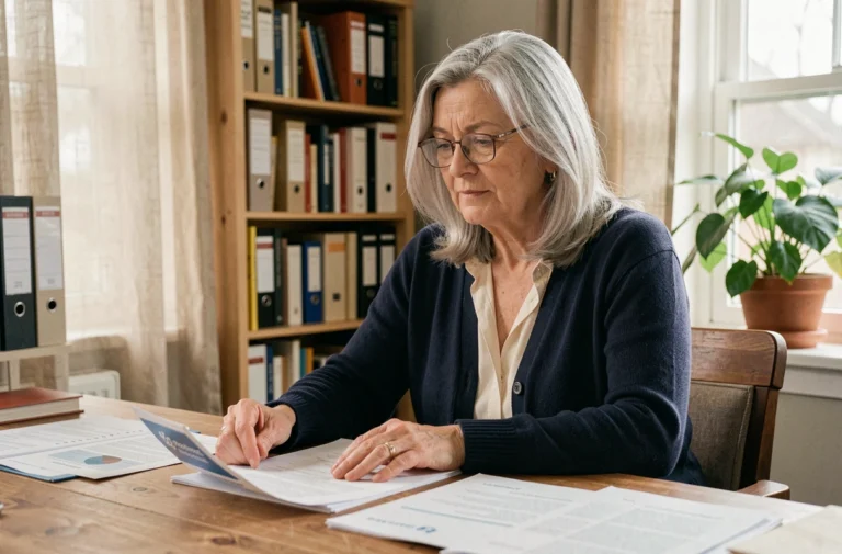 Femme senior préparant sa retraite en consultant des documents financiers dans son bureau à domicile