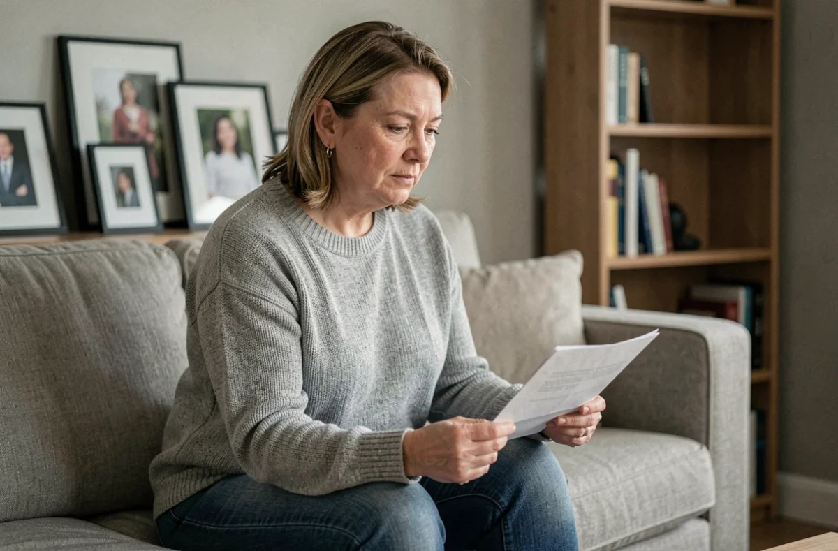Femme seule tenant des documents juridiques dans un salon, évoquant la solitude et les démarches d'un divorce