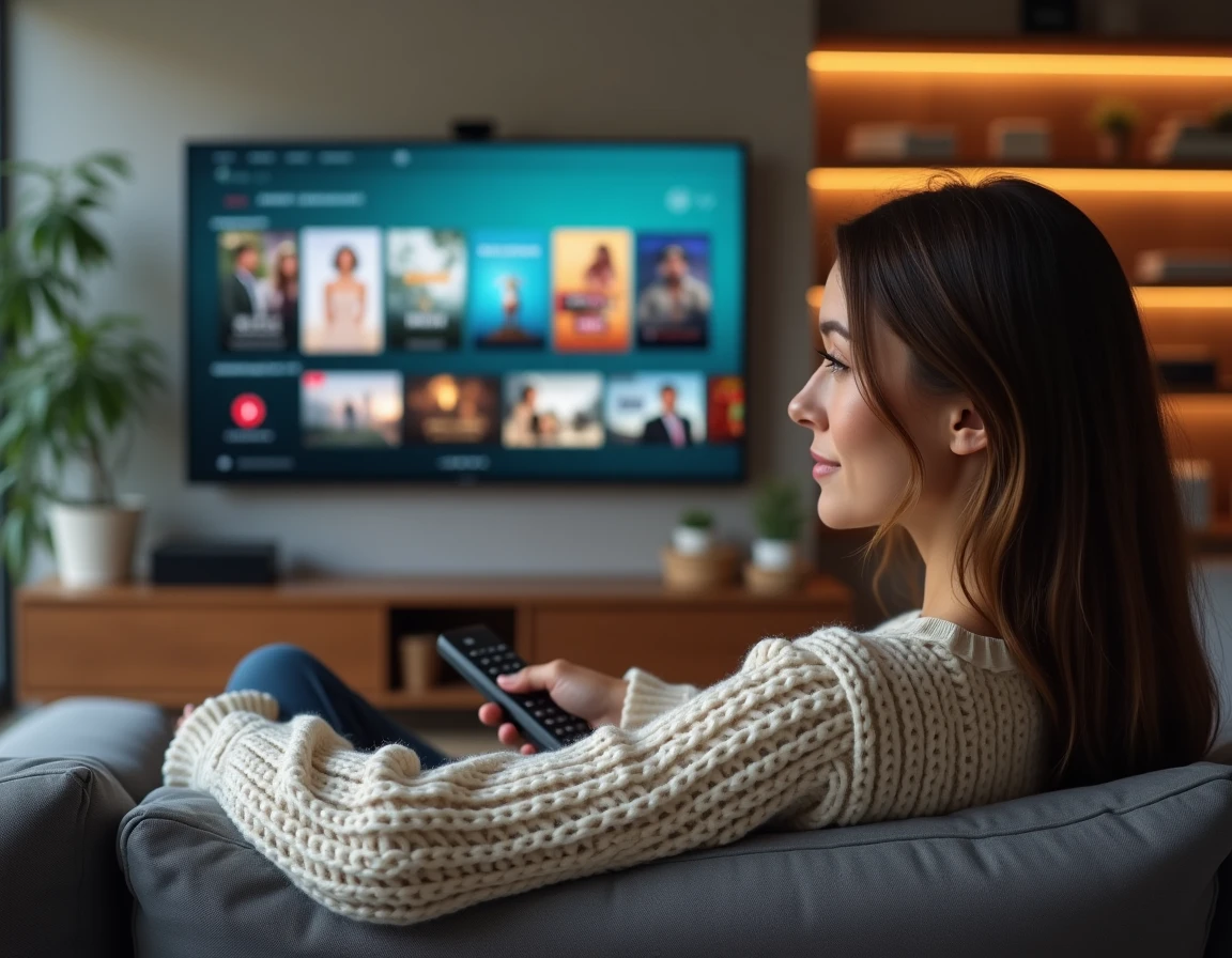 Femme regardant un service de streaming de films sur sa télévision dans son salon