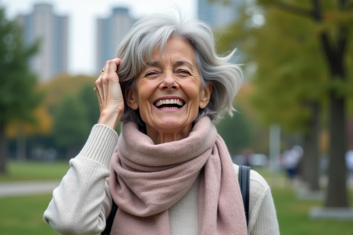 Femme âgée avec coupe courte grise qui rit en plein air
