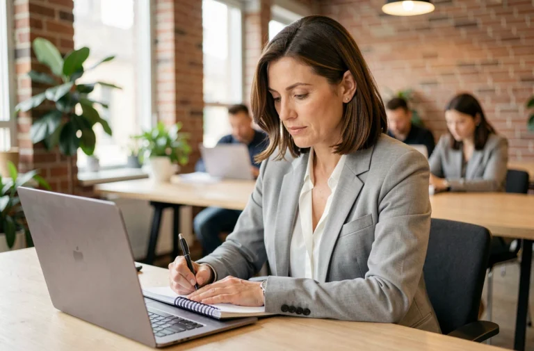 Femme adulte en formation professionnelle prenant des notes dans un espace de coworking moderne