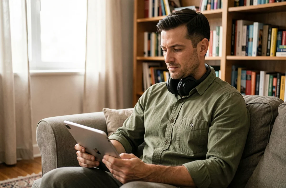 Homme adulte suivant une formation en ligne depuis chez lui avec une tablette numérique