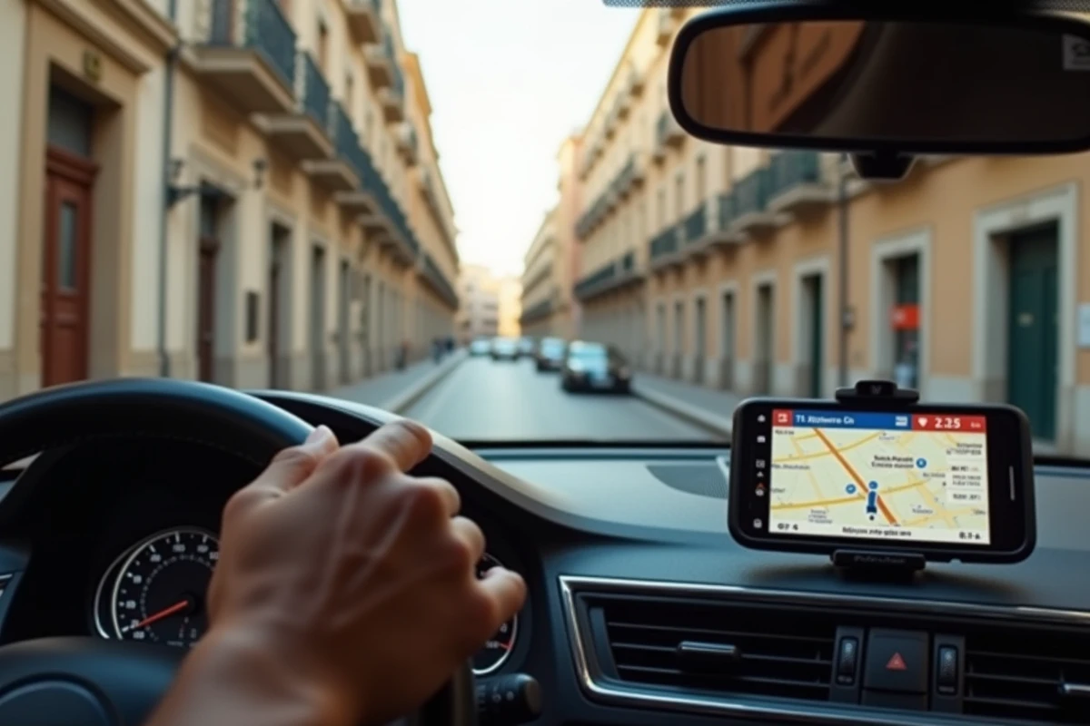 Intérieur d'une voiture de location avec GPS affichant une zone ZTL en rouge sur le plan de Palerme, vue depuis le siège passager en conduisant dans le centre-ville